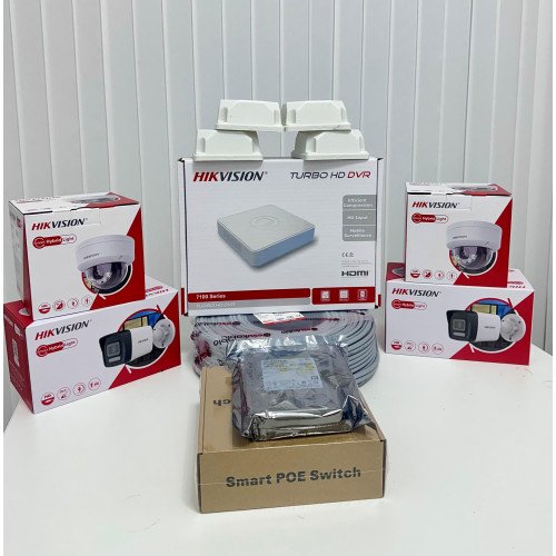 Hikvision IP 4 Kameralı Set -İnsan ve araç alğılamalı, Telefon Bildirimi, Renkli Gece Görüş